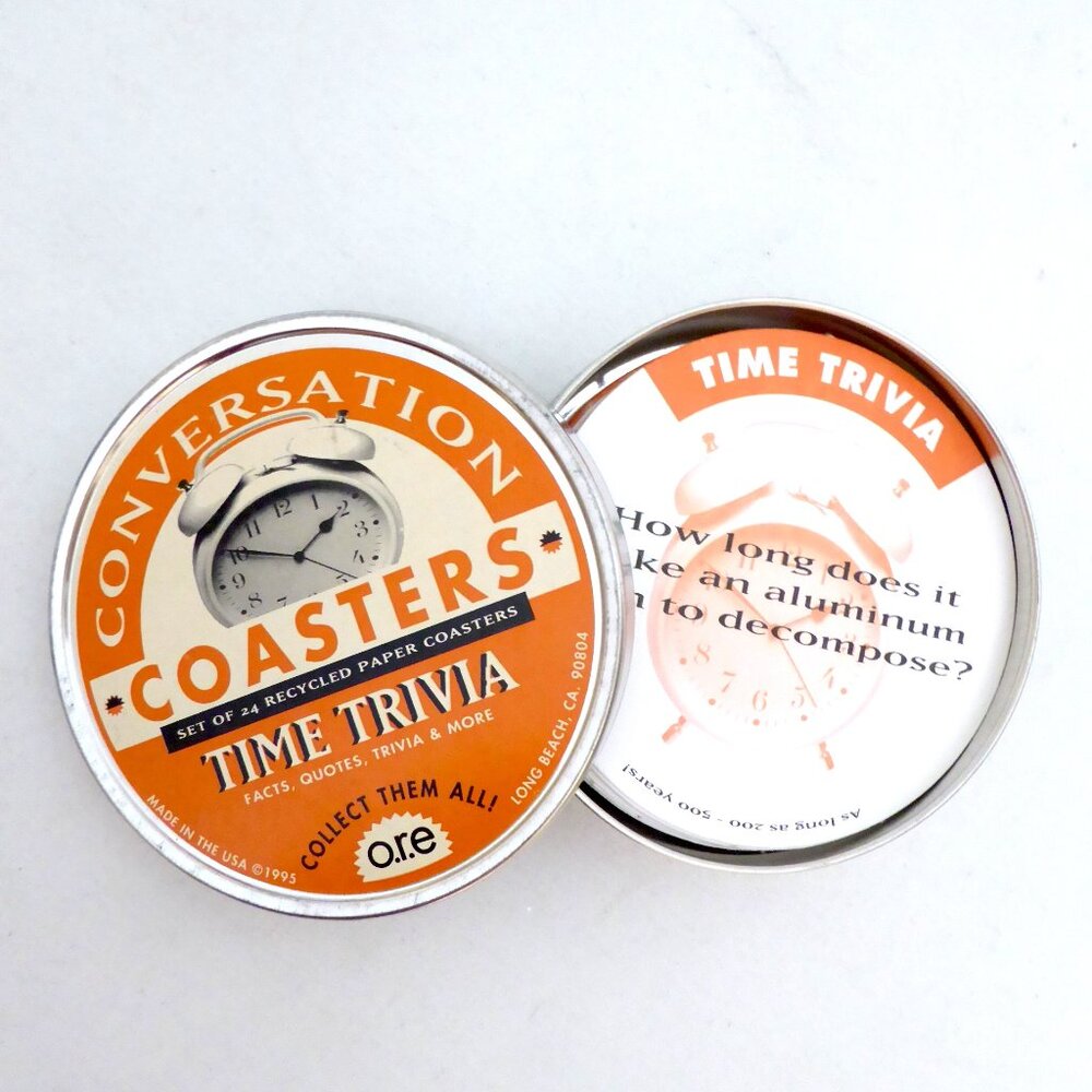 NEW 24 BAR DRINKY COASTER SET CONVERSATIONAL TIME TRIVIA IN TIN RECYCLED PAPER